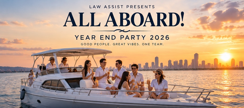 Law Assist presents All Aboard! Year End Party 2026 — colleagues in all-white casual attire on a yacht at sunset